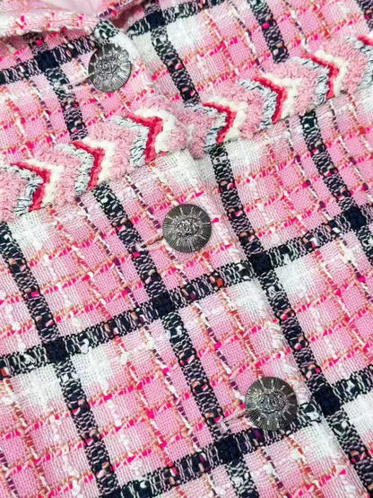 Chanel 24S Pink and Black Checkered Collared Long-Sleeve Jacket