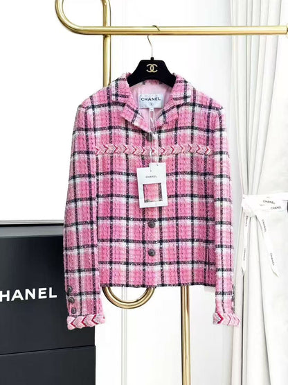 Chanel 24S Pink and Black Checkered Collared Long-Sleeve Jacket