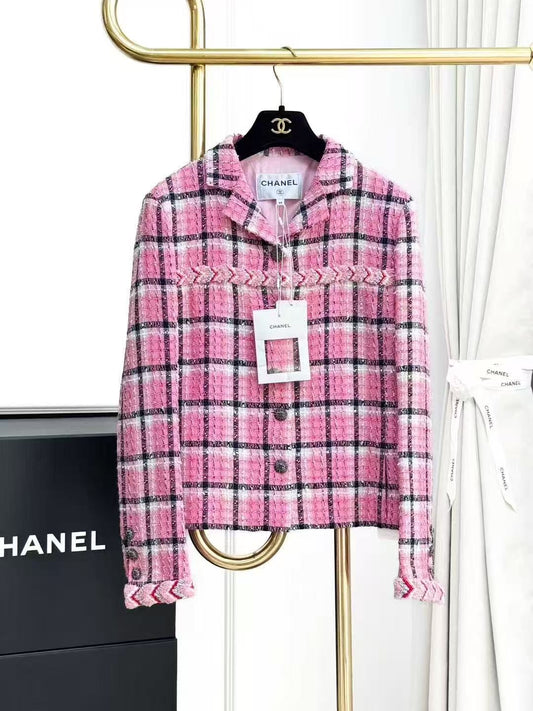 Chanel 24S Pink and Black Checkered Collared Long-Sleeve Jacket