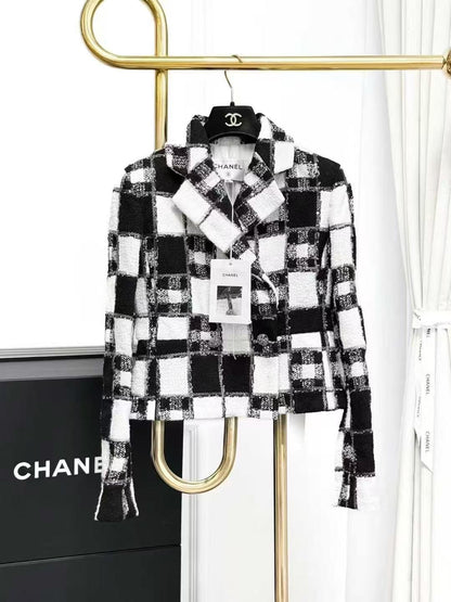 Chanel 24S Black and White Checkered Heavy-Duty Sequined Embroidered Jacket