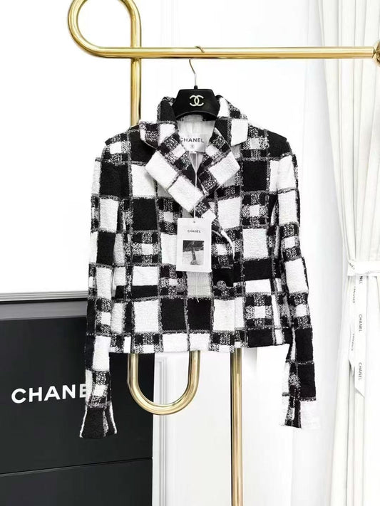 Chanel 24S Black and White Checkered Heavy-Duty Sequined Embroidered Jacket