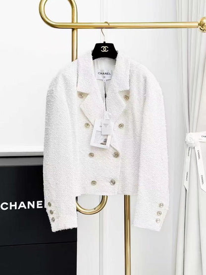 Chanel 21S White Tweed Double-Breasted Knitted Short Jacket
