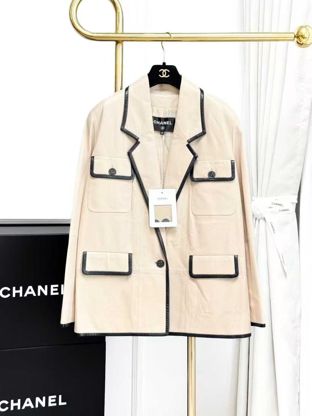 Chanel 19Beach Collection Beige with Black Trim Four-Pocket Leather Jacket