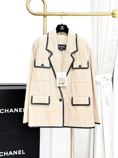 Chanel 19Beach Collection Beige with Black Trim Four-Pocket Leather Jacket