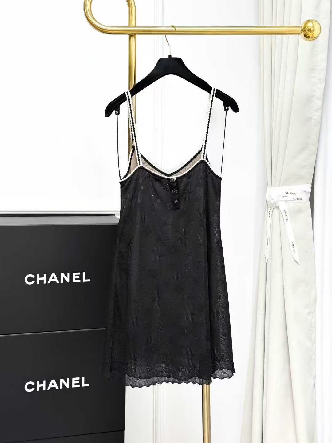 Chanel 24B Black Lace Broderie Anglaise Strapless Dress