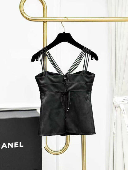 Chanel 24S Black Satin Tie-Front Halter Top