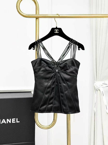 Chanel 24S Black Satin Tie-Front Halter Top