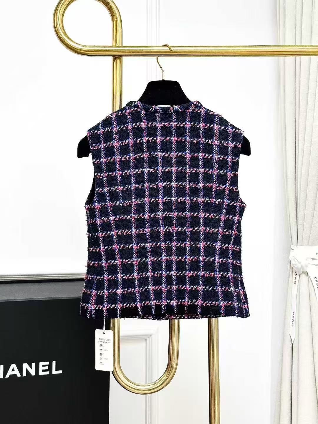 Chanel 24P Black-Based Red, White, and Blue Checkered Knitted Vest