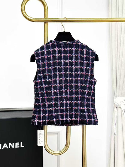 Chanel 24P Black-Based Red, White, and Blue Checkered Knitted Vest