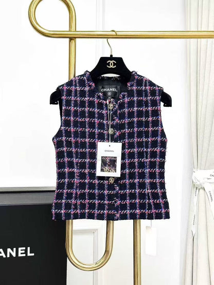 Chanel 24P Black-Based Red, White, and Blue Checkered Knitted Vest