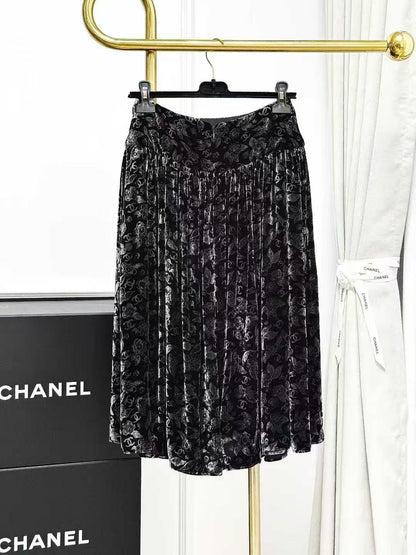 Chanel 24B Black Velvet Camellia Double C Print Pleated Skirt
