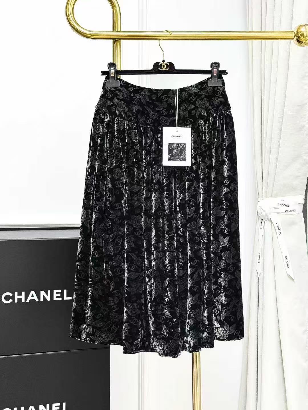 Chanel 24B Black Velvet Camellia Double C Print Pleated Skirt
