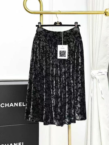 Chanel 24B Black Velvet Camellia Double C Print Pleated Skirt