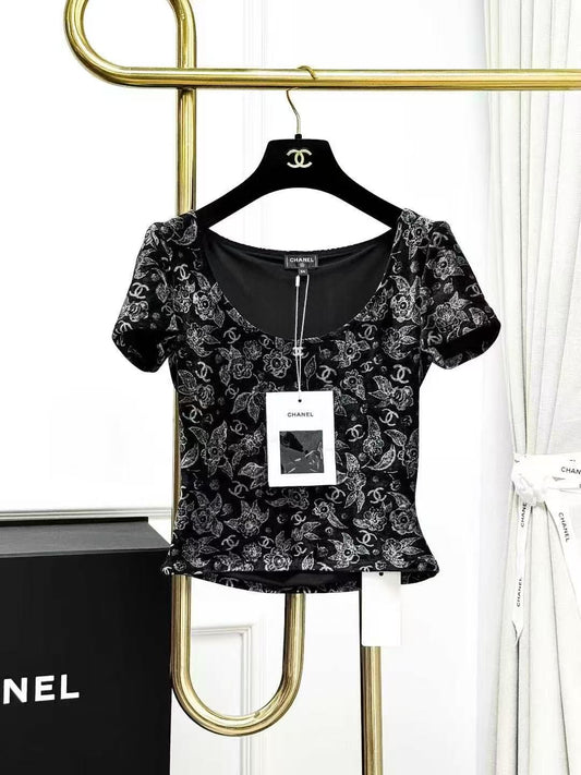 Chanel 24B Black Velvet Camellia Double C Print Crew Neck Short Sleeve