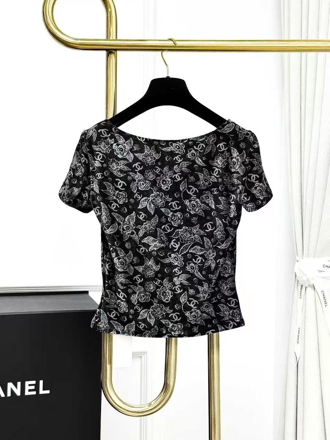 Chanel 24B Black Velvet Camellia Double C Print Crew Neck Short Sleeve