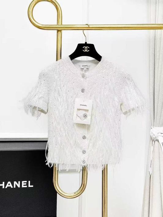 Chanel 25S White Beaded and Rhinestone-Embellished Feather-Trimmed Short-Sleeved Knitted Cardigan