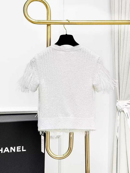Chanel 25S White Beaded and Rhinestone-Embellished Feather-Trimmed Short-Sleeved Knitted Cardigan
