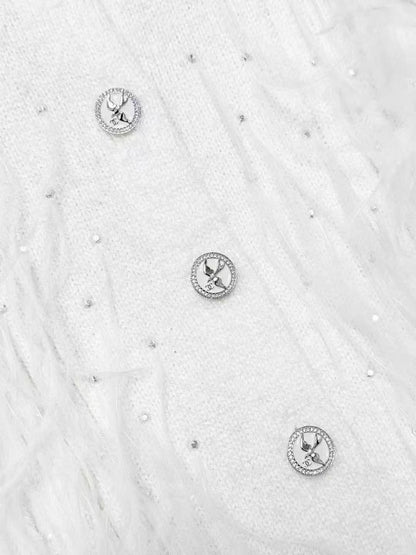 Chanel 25S White Beaded and Rhinestone-Embellished Feather-Trimmed Short-Sleeved Knitted Cardigan