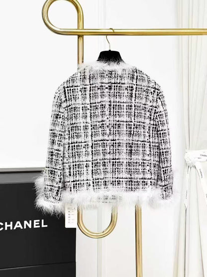 Chanel 25S Black and White Tweed Feather-Trimmed Tweed Jacket