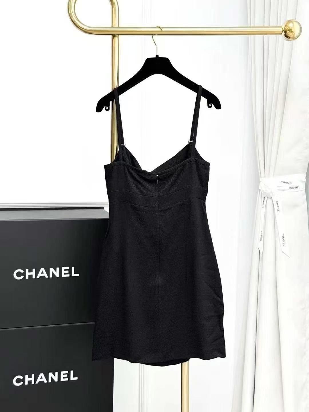 Chanel 21K Black Rhinestone Button Bow Halter Neck Dress