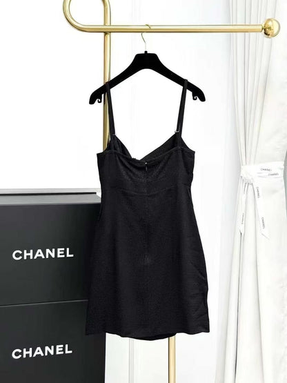 Chanel 21K Black Rhinestone Button Bow Halter Neck Dress