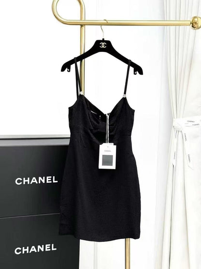 Chanel 21K Black Rhinestone Button Bow Halter Neck Dress