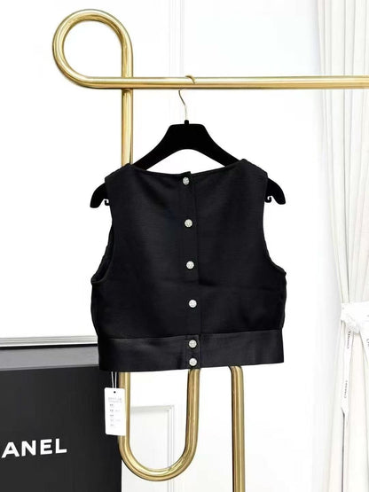 Chanel 22A Black Pleated Beaded Double C Sleeveless Vest