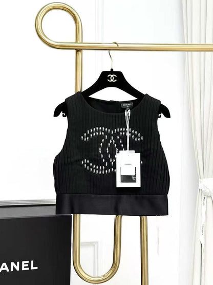 Chanel 22A Black Pleated Beaded Double C Sleeveless Vest