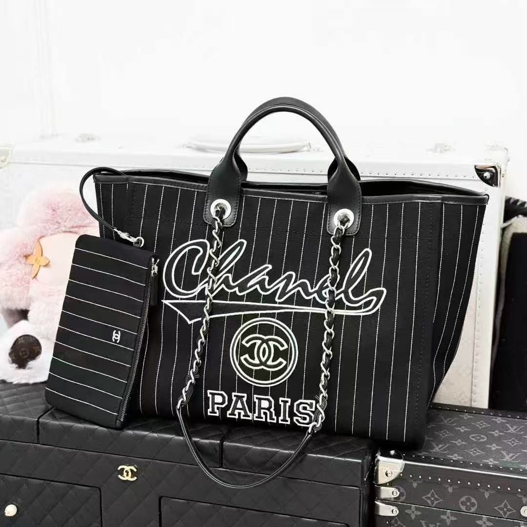 Chanel 23P Black and White Striped Embroidered Mother-and-Child Beach Bag