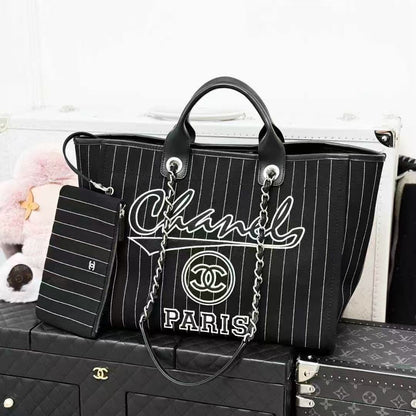 Chanel 23P Black and White Striped Embroidered Mother-and-Child Beach Bag