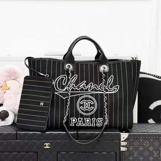Chanel 23P Black and White Striped Embroidered Mother-and-Child Beach Bag