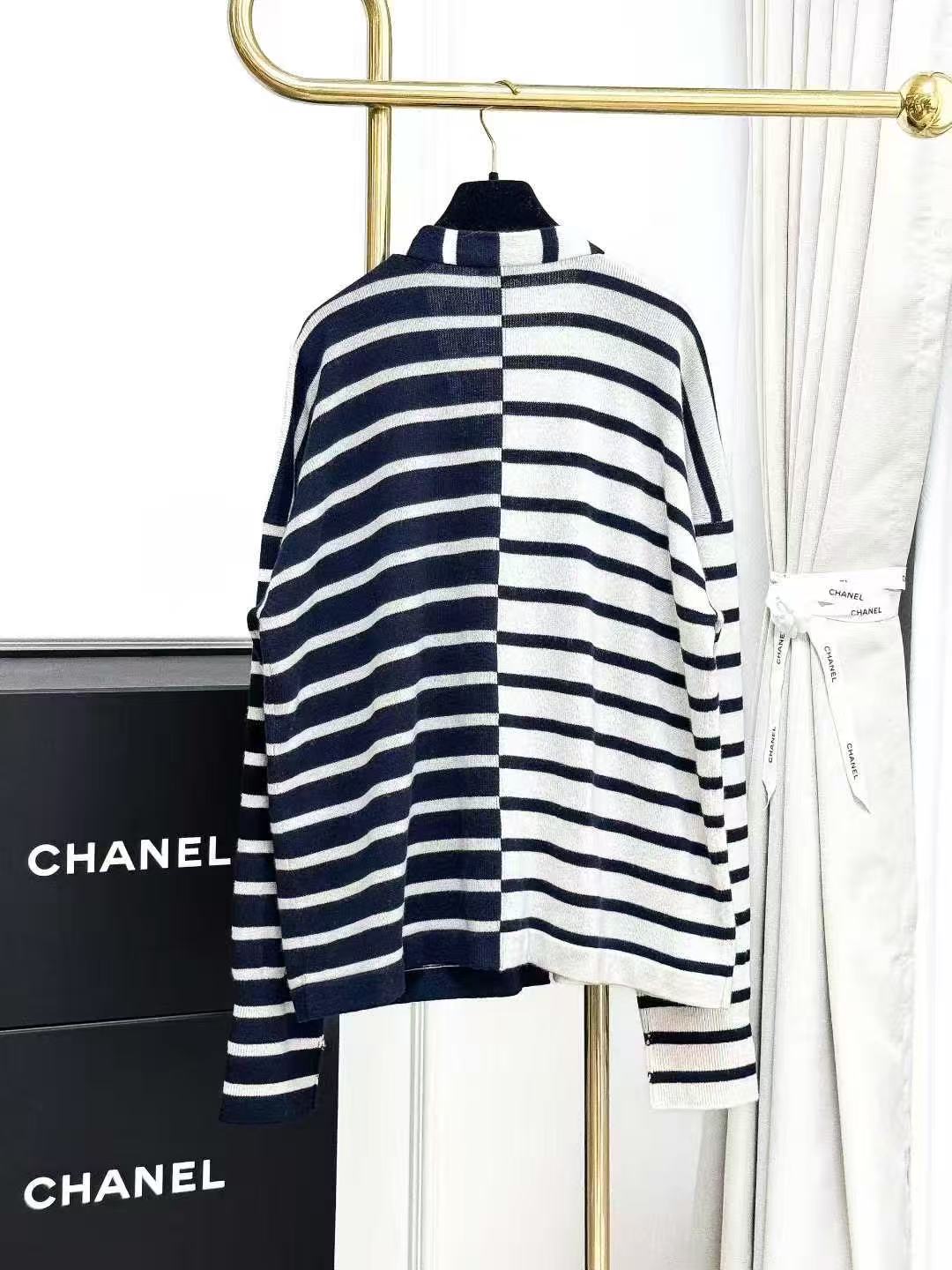 Chanel 24S Navy Blue and White Striped Knitted Cardigan
