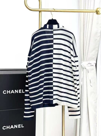 Chanel 24S Navy Blue and White Striped Knitted Cardigan
