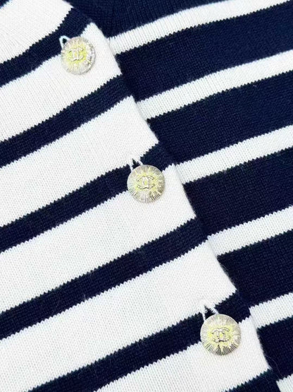 Chanel 24S Navy Blue and White Striped Knitted Cardigan