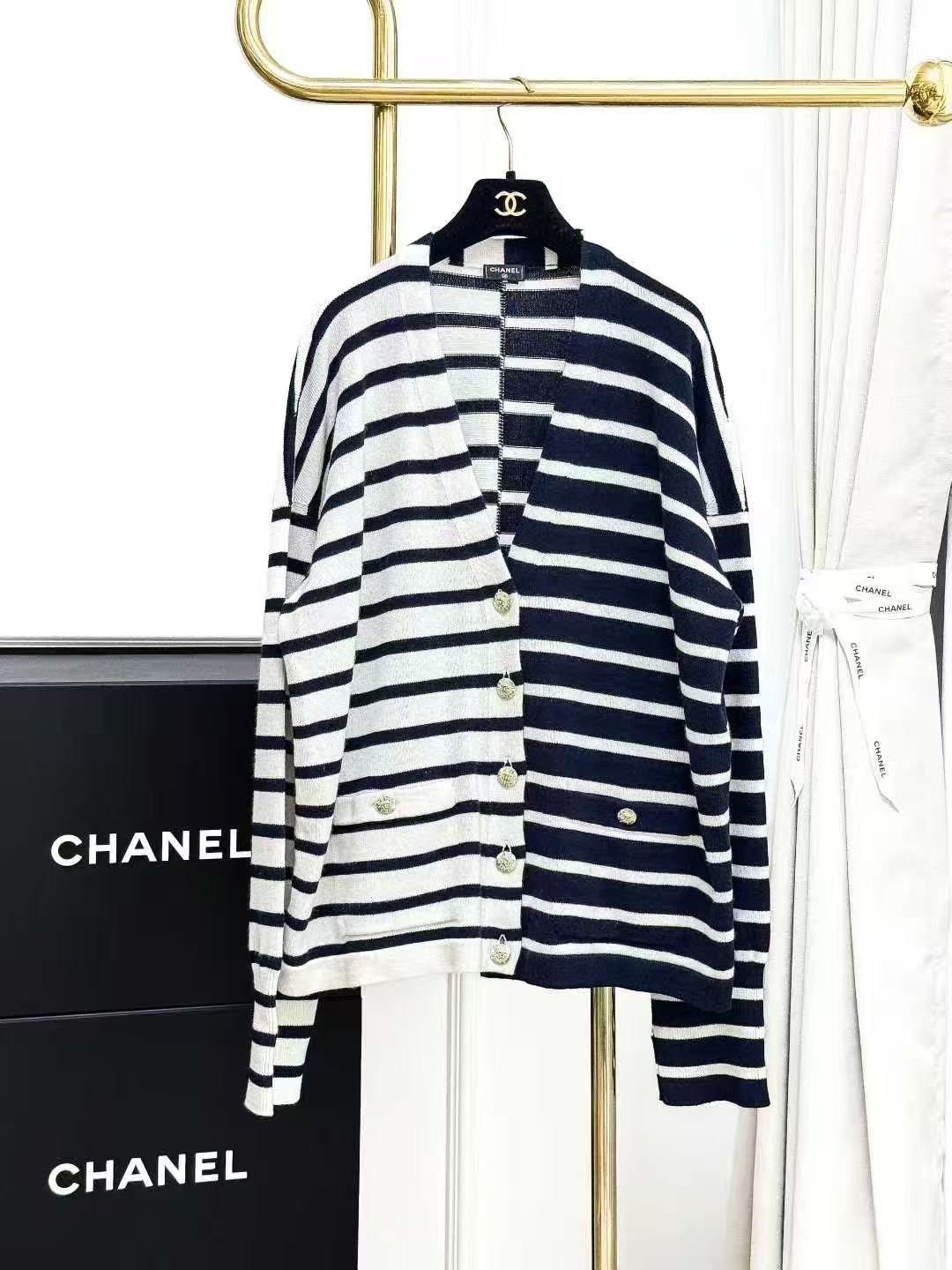 Chanel 24S Navy Blue and White Striped Knitted Cardigan
