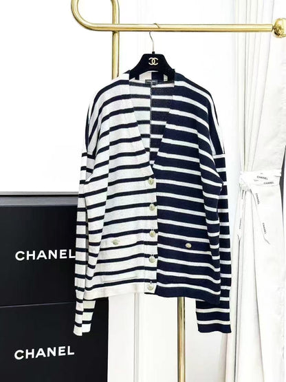 Chanel 24S Navy Blue and White Striped Knitted Cardigan