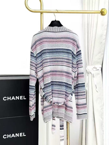 Chanel 24S Powder Blue Colour-Block Striped Knitted Cardigan