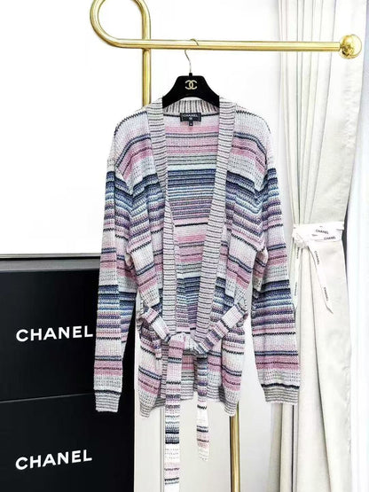Chanel 24S Powder Blue Colour-Block Striped Knitted Cardigan