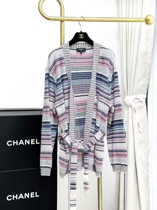Chanel 24S Powder Blue Colour-Block Striped Knitted Cardigan