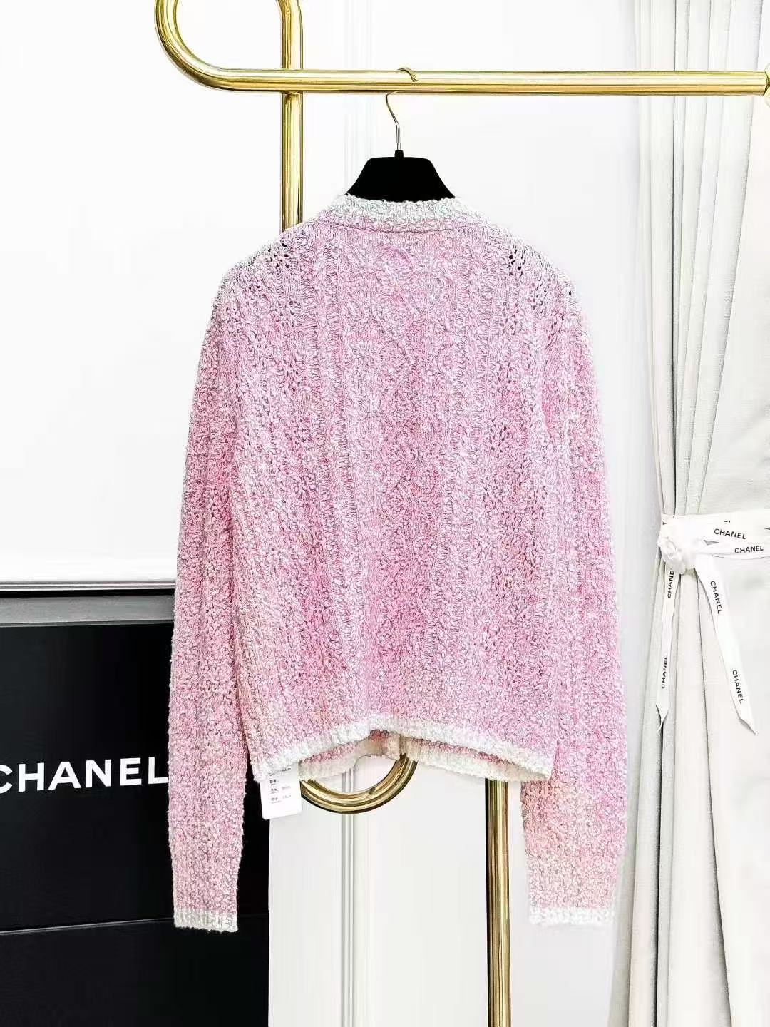 Chanel 24P Pink Openwork Twisted-Cable Knit Cardigan with White Trim