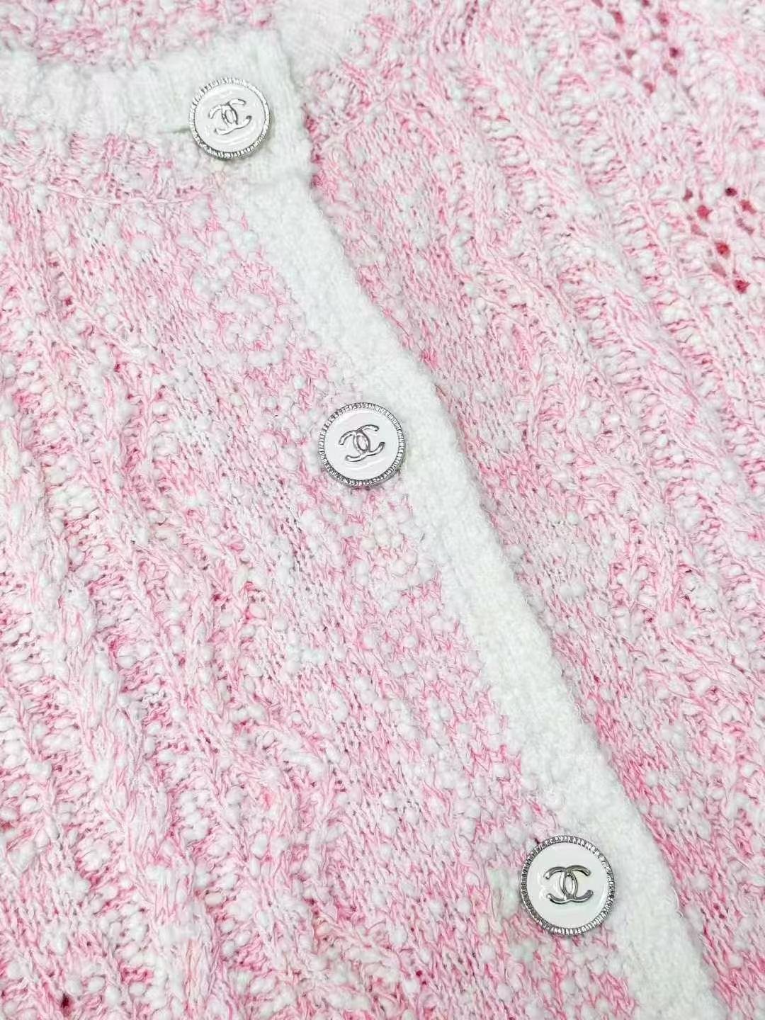 Chanel 24P Pink Openwork Twisted-Cable Knit Cardigan with White Trim