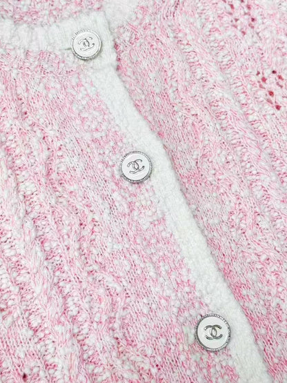 Chanel 24P Pink Openwork Twisted-Cable Knit Cardigan with White Trim