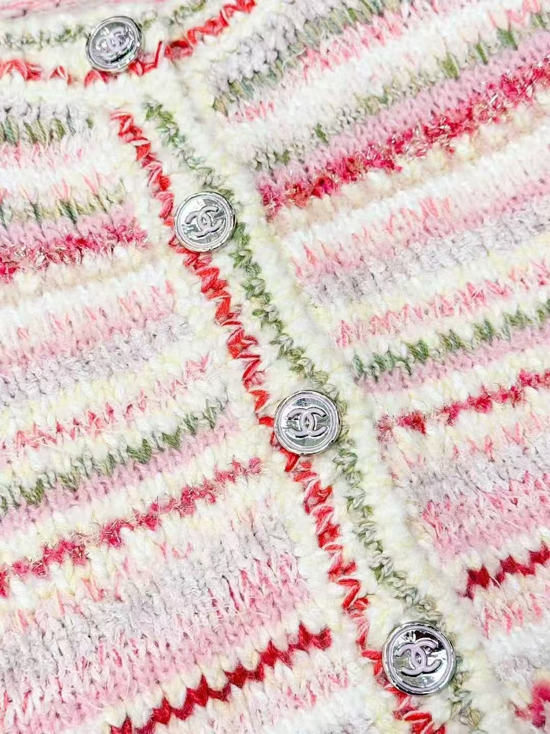 Chanel 24B Pink and Green Striped Cropped Knitted Cardigan