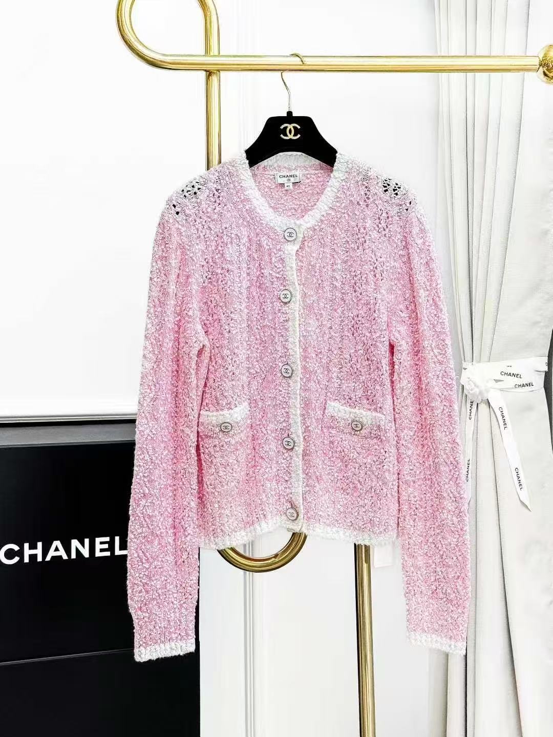 Chanel 24P Pink Openwork Twisted-Cable Knit Cardigan with White Trim