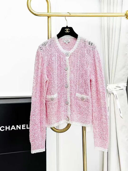 Chanel 24P Pink Openwork Twisted-Cable Knit Cardigan with White Trim