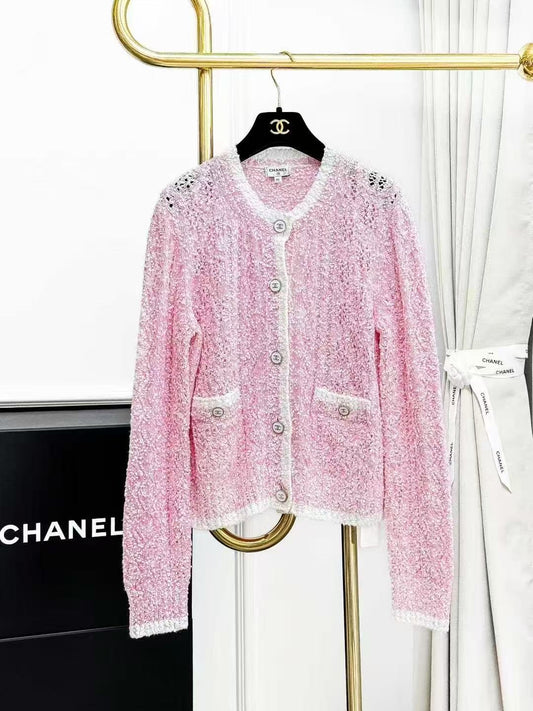 Chanel 24P Pink Openwork Twisted-Cable Knit Cardigan with White Trim