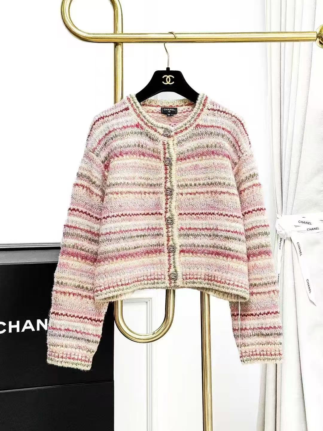 Chanel 24B Pink and Green Striped Cropped Knitted Cardigan