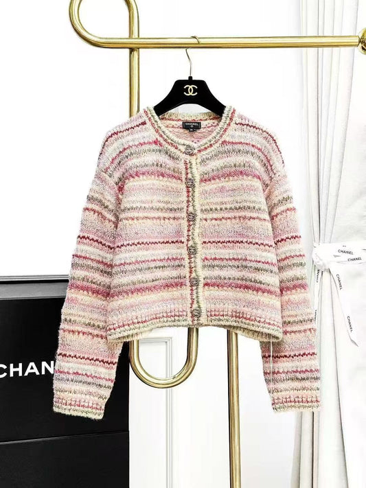 Chanel 24B Pink and Green Striped Cropped Knitted Cardigan