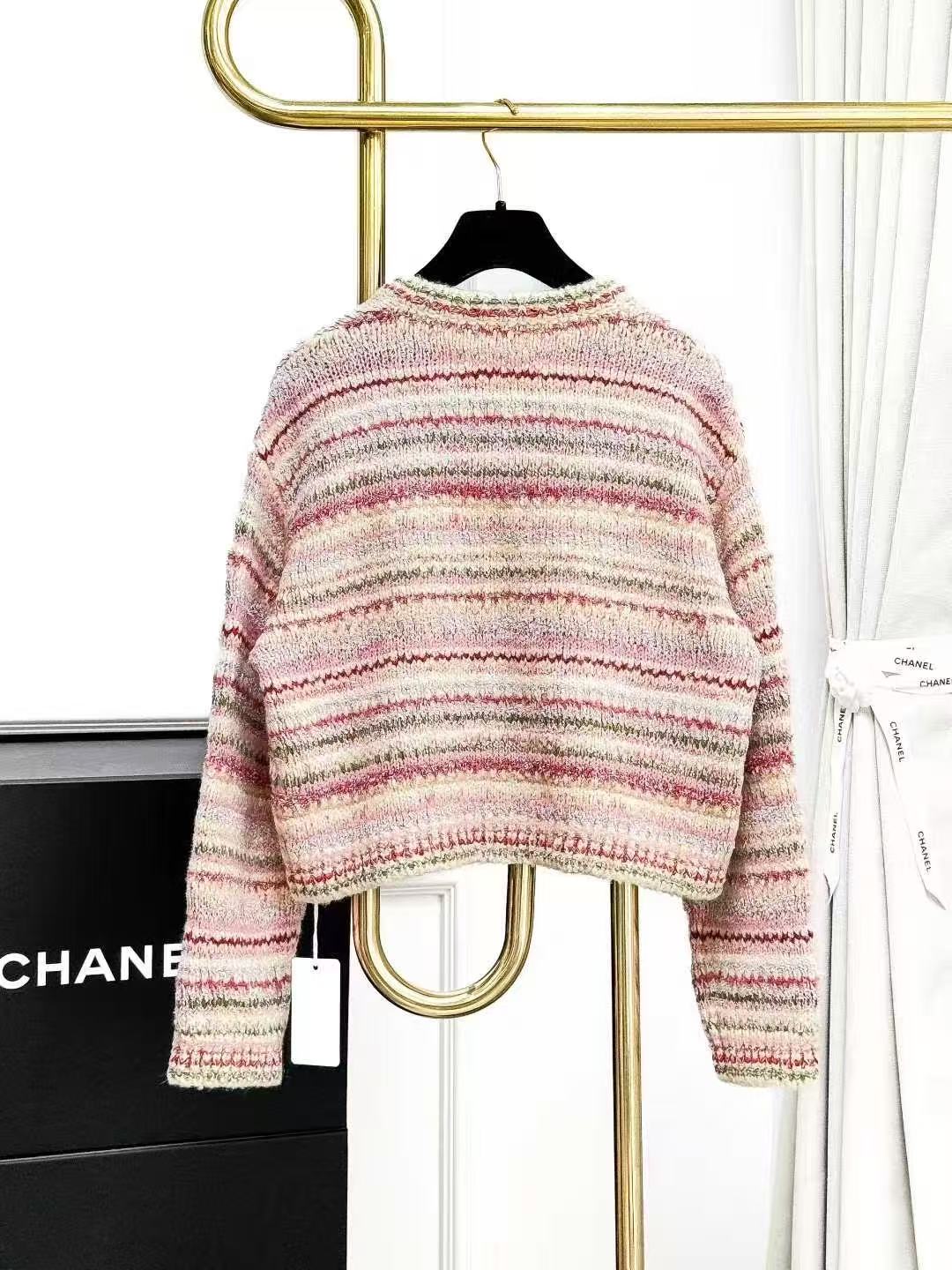 Chanel 24B Pink and Green Striped Cropped Knitted Cardigan