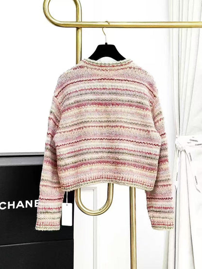 Chanel 24B Pink and Green Striped Cropped Knitted Cardigan